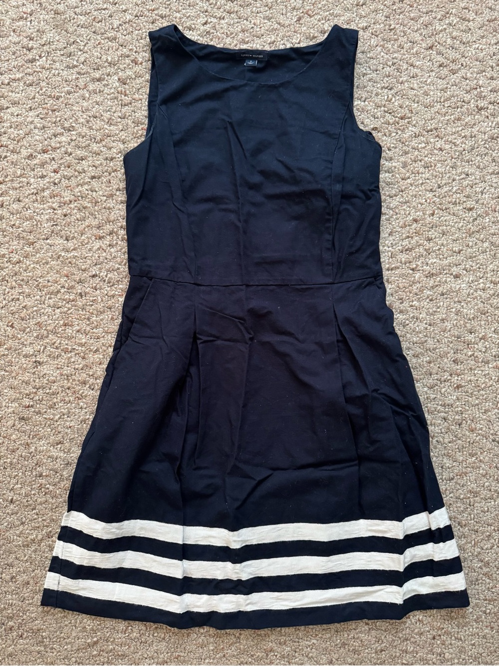 Tommy Hilfiger Navy Sleeveless Fit & Flare Dress with White Striped Hem
